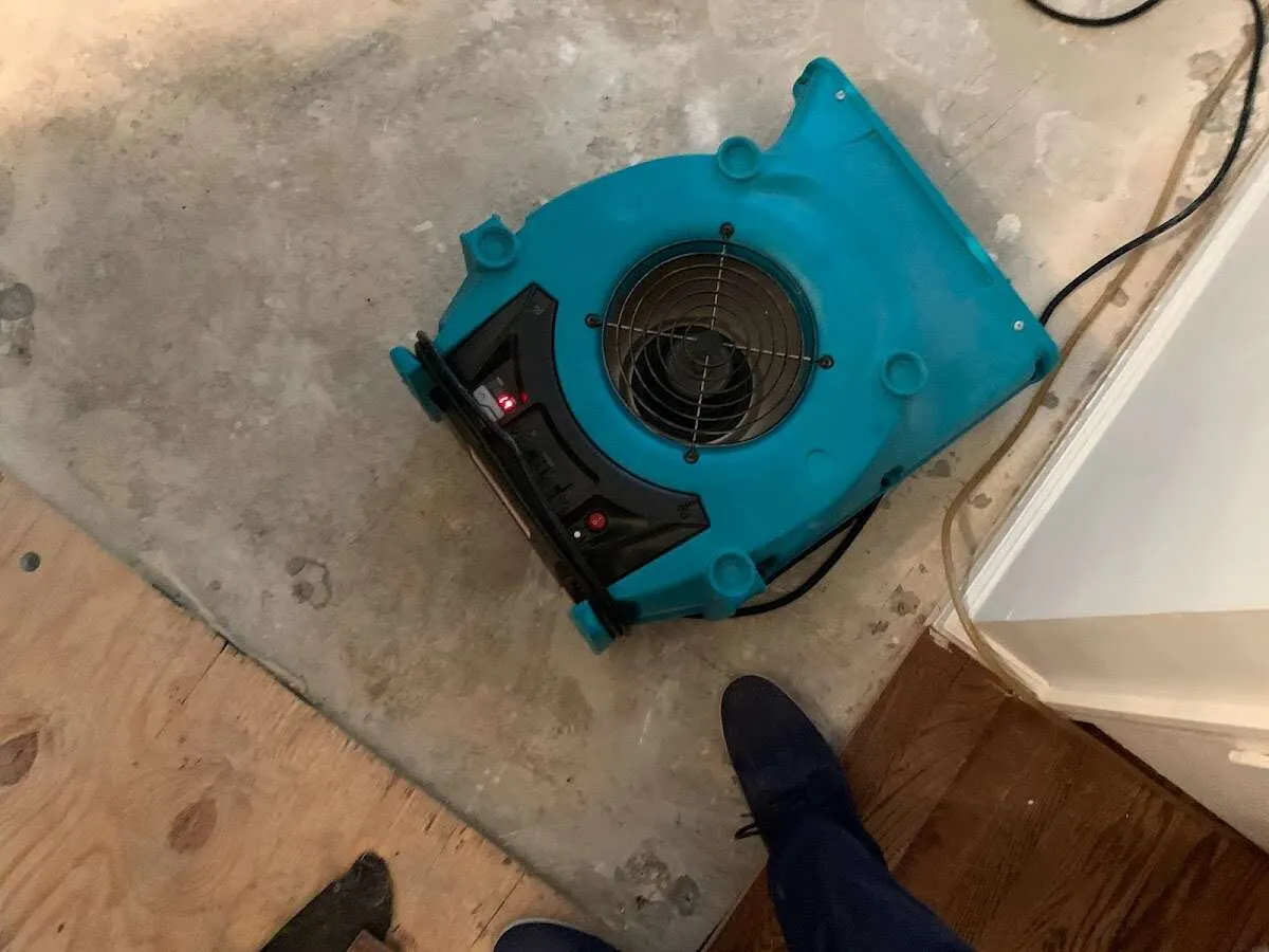 Air mover drying subfloor during Leak Detection & Repair in Myrtletown